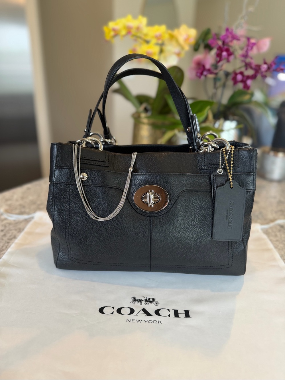 Coach Penelope Carryall Shoulder Bag Classic Black Pebbled Leather